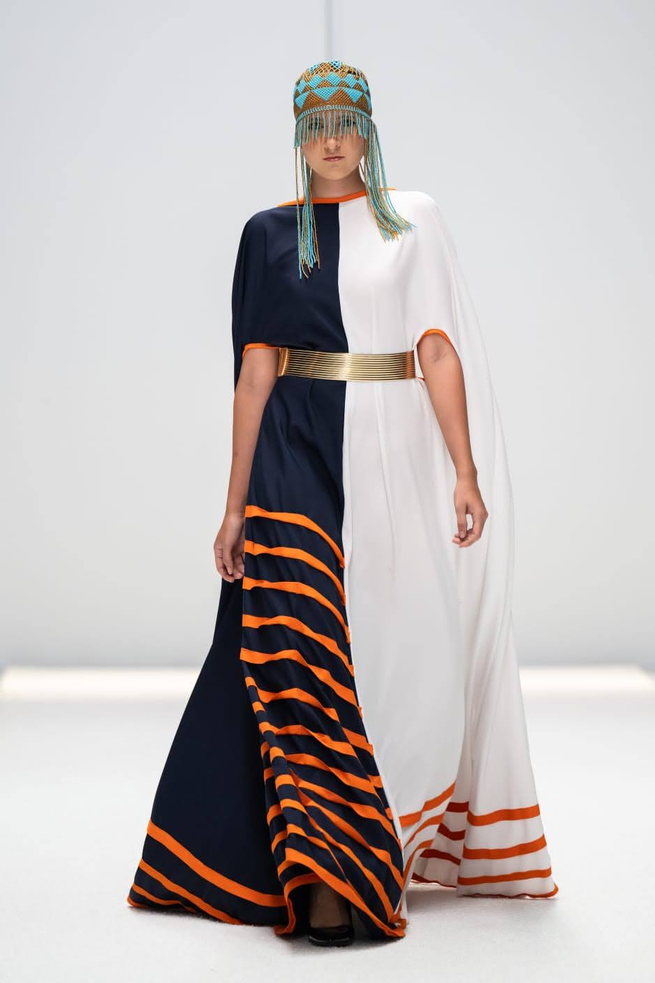 2-Tone Navy and White Sazi Column Kaftan Dress