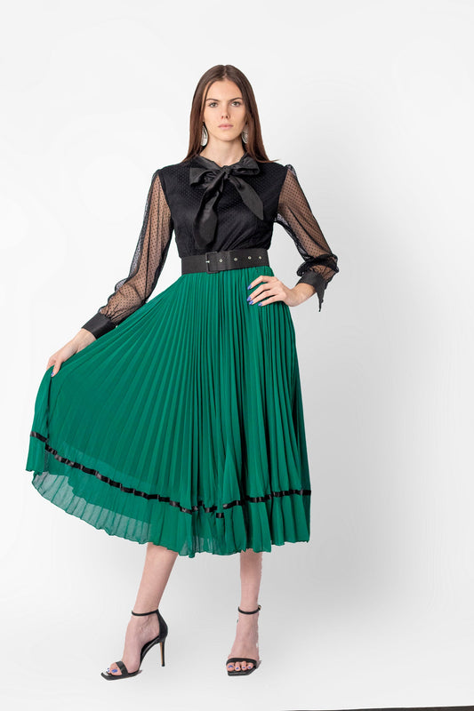 3/4 Length Black and Green Mambazo pleated dress with a tie tie