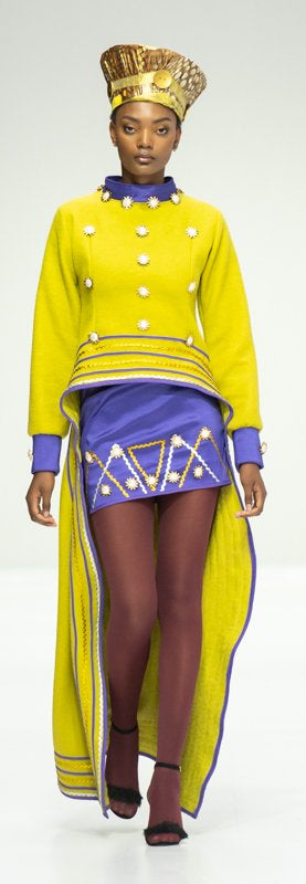 Maluti full length asymmetrical jersey worn with a purple Maluti mini skirt