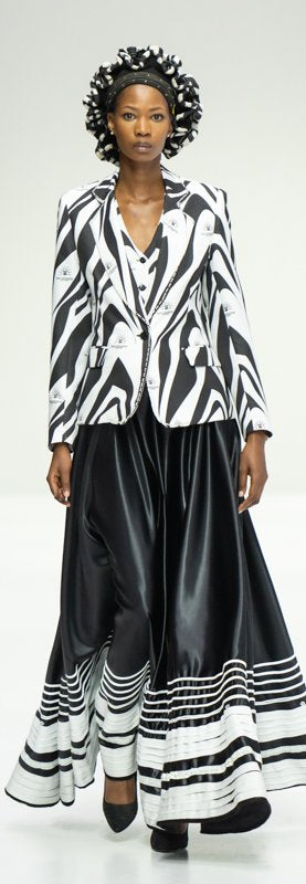Laaphanza Zebra blazer worn with a Waistcoat and maxi Sazinge skirt