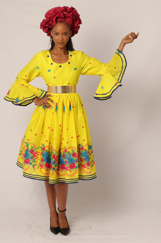 Yellow Tsonga Ntsimbi Bell Sleeves Dress