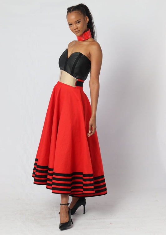 Red Mbhaco Sazinge Midi Skirt