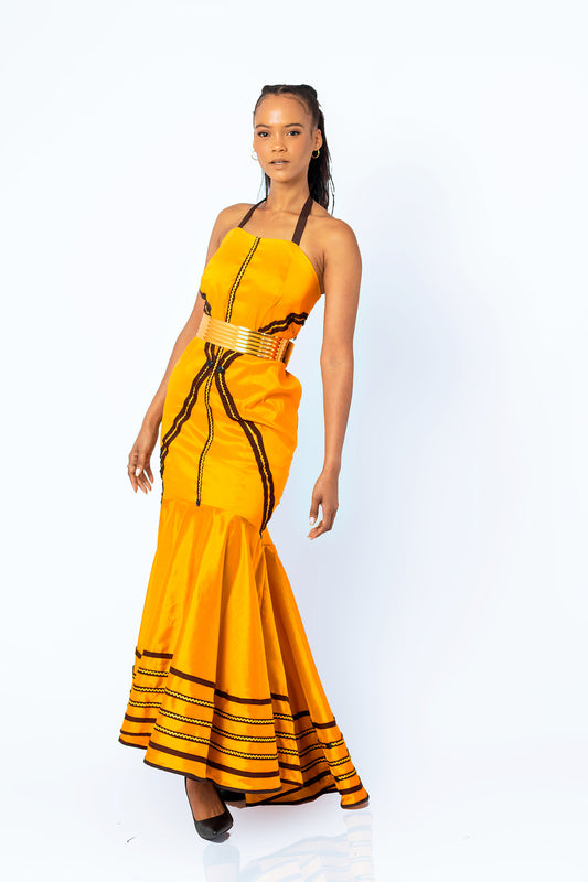 The gold Mamlambo Kumkanikazi Boob Tube Dress
