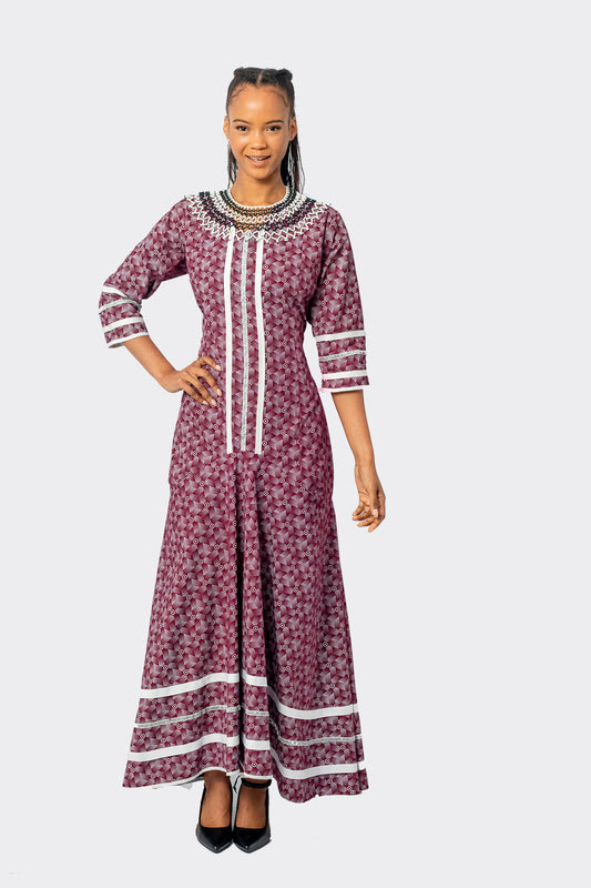 Long sleeves burgundy Seshweshwe Mamlambo Fishtail dress