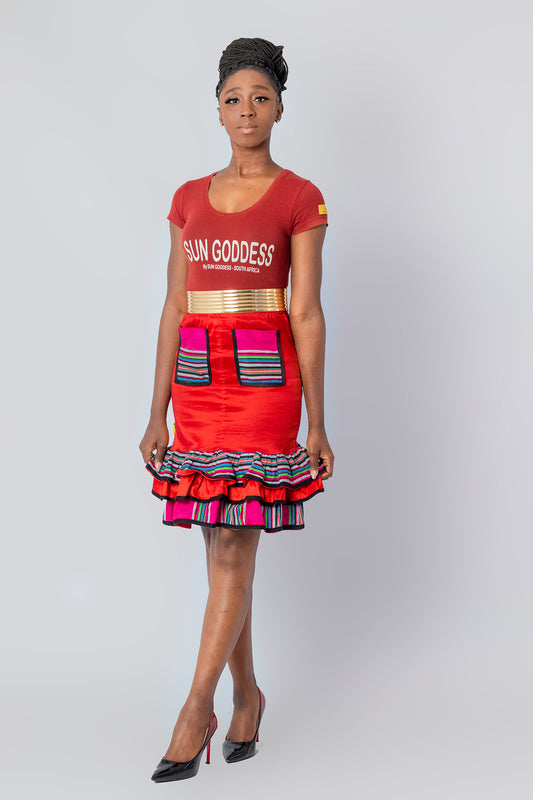 Two layered Red Venda Mwenda inspired Skirt with pockets